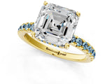 Yellow gold Asscher Cut Diamond Pave Band Solitaire Ring with Round with Aquamarine side stone and Prong Setting_13