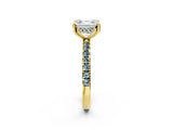 Yellow gold Asscher Cut Diamond Pave Band Solitaire Ring with Round with Aquamarine side stone and Prong Setting_14