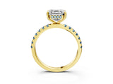 Yellow gold Asscher Cut Diamond Pave Band Solitaire Ring with Round with Aquamarine side stone and Prong Setting_15