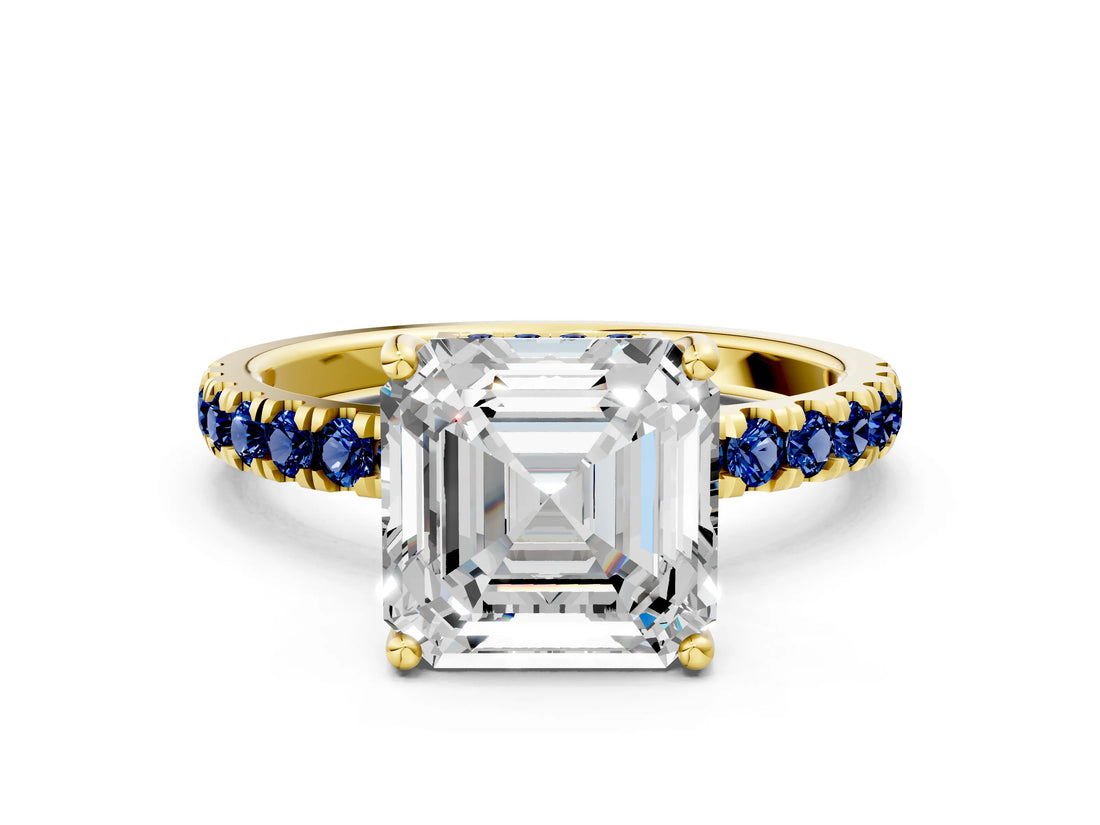Yellow gold Asscher Cut Diamond Pave Band Solitaire Ring with Round with Blue Sapphire side stone and Prong Setting_12