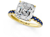 Yellow gold Asscher Cut Diamond Pave Band Solitaire Ring with Round with Blue Sapphire side stone and Prong Setting_13