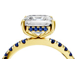 Yellow gold Asscher Cut Diamond Pave Band Solitaire Ring with Round with Blue Sapphire side stone and Prong Setting_16