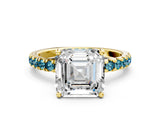 Yellow gold Asscher Cut Diamond Pave Band Solitaire Ring with Round with Blue Topaz side stone and Prong Setting_12