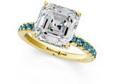 Yellow gold Asscher Cut Diamond Pave Band Solitaire Ring with Round with Blue Topaz side stone and Prong Setting_13