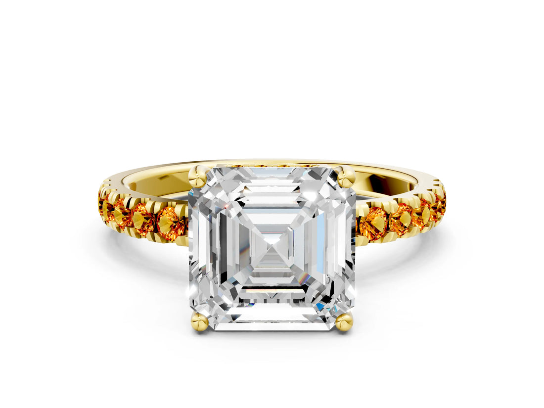 Yellow gold Asscher Cut Diamond Pave Band Solitaire Ring with Round with Citrine side stone and Prong Setting
