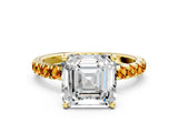 Yellow gold Asscher Cut Diamond Pave Band Solitaire Ring with Round with Citrine side stone and Prong Setting