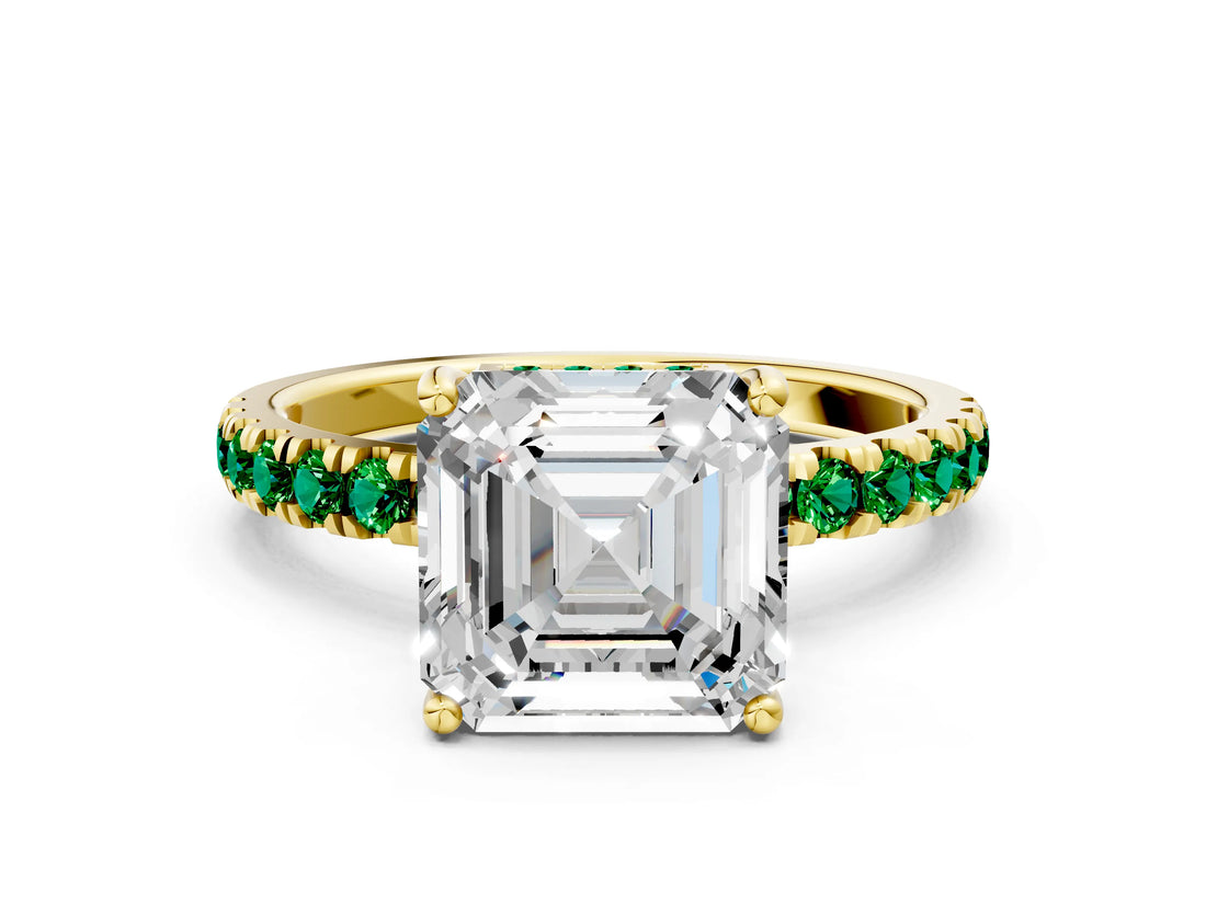 Yellow gold Asscher Cut Diamond Pave Band Solitaire Ring with Round with Emerald side stone and Prong Setting