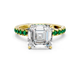Yellow gold Asscher Cut Diamond Pave Band Solitaire Ring with Round with Emerald side stone and Prong Setting