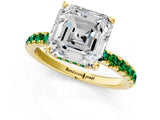 Yellow gold Asscher Cut Diamond Pave Band Solitaire Ring with Round with Emerald side stone and Prong Setting_1
