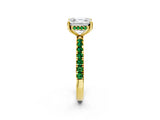 Yellow gold Asscher Cut Diamond Pave Band Solitaire Ring with Round with Emerald side stone and Prong Setting_2