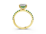 Yellow gold Asscher Cut Diamond Pave Band Solitaire Ring with Round with Emerald side stone and Prong Setting_3