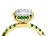 Yellow gold Asscher Cut Diamond Pave Band Solitaire Ring with Round with Emerald side stone and Prong Setting_4