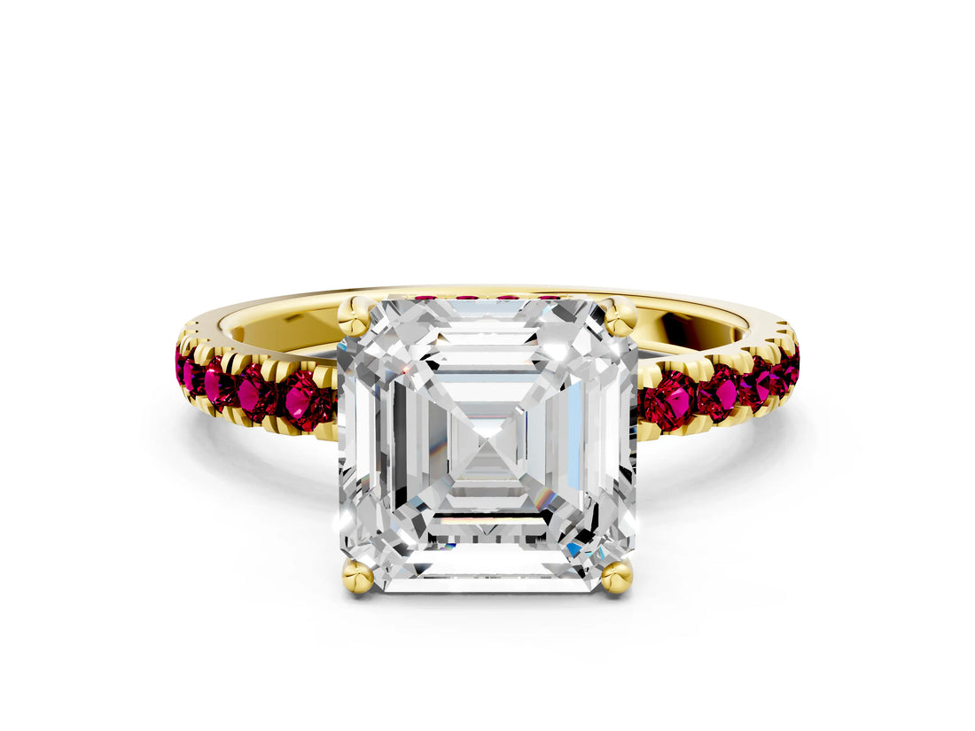 Yellow gold Asscher Cut Diamond Pave Band Solitaire Ring with Round with Garnet side stone and Prong Setting_12