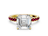 Yellow gold Asscher Cut Diamond Pave Band Solitaire Ring with Round with Garnet side stone and Prong Setting_12