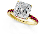 Yellow gold Asscher Cut Diamond Pave Band Solitaire Ring with Round with Garnet side stone and Prong Setting_13