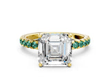 Yellow gold Asscher Cut Diamond Pave Band Solitaire Ring with Round with Green Sapphire side stone and Prong Setting_24