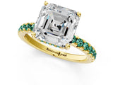 Yellow gold Asscher Cut Diamond Pave Band Solitaire Ring with Round with Green Sapphire side stone and Prong Setting_25