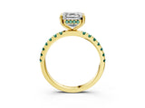 Yellow gold Asscher Cut Diamond Pave Band Solitaire Ring with Round with Green Sapphire side stone and Prong Setting_27