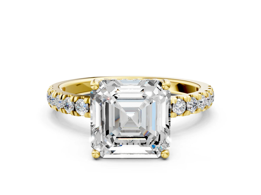 Yellow gold Asscher Cut Diamond Pave Band Solitaire Ring with Round with Moissanite side stone and Prong Setting_12