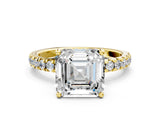 Yellow gold Asscher Cut Diamond Pave Band Solitaire Ring with Round with Moissanite side stone and Prong Setting_12