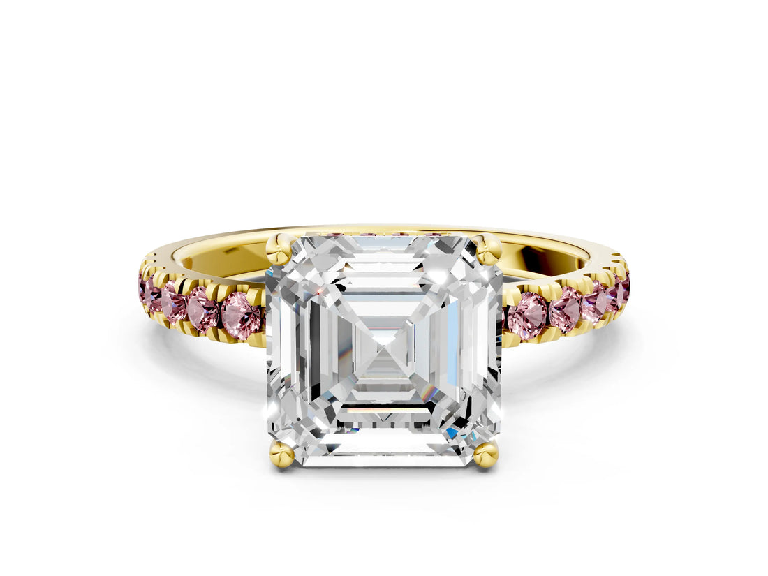 Yellow gold Asscher Cut Diamond Pave Band Solitaire Ring with Round with Morganite side stone and Prong Setting_12