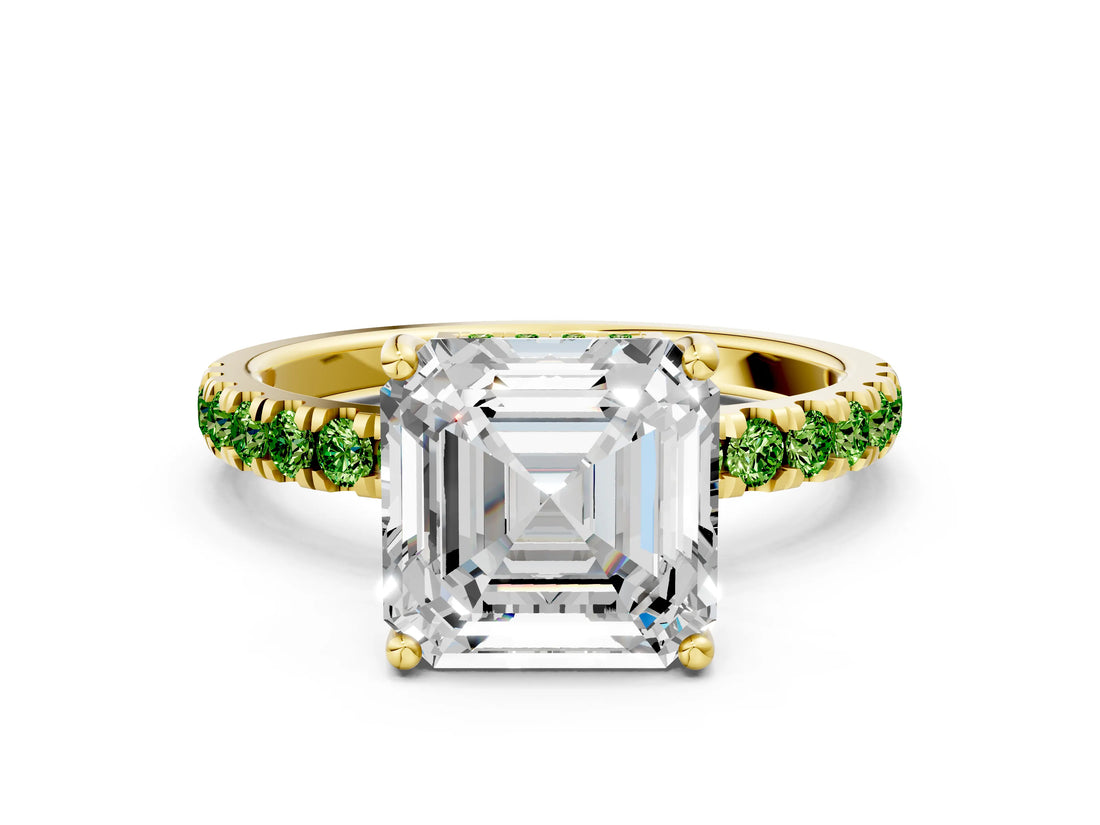 Yellow gold Asscher Cut Diamond Pave Band Solitaire Ring with Round with Peridot side stone and Prong Setting