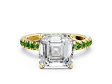 Yellow gold Asscher Cut Diamond Pave Band Solitaire Ring with Round with Peridot side stone and Prong Setting