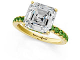 Yellow gold Asscher Cut Diamond Pave Band Solitaire Ring with Round with Peridot side stone and Prong Setting_1