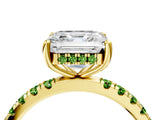 Yellow gold Asscher Cut Diamond Pave Band Solitaire Ring with Round with Peridot side stone and Prong Setting_4