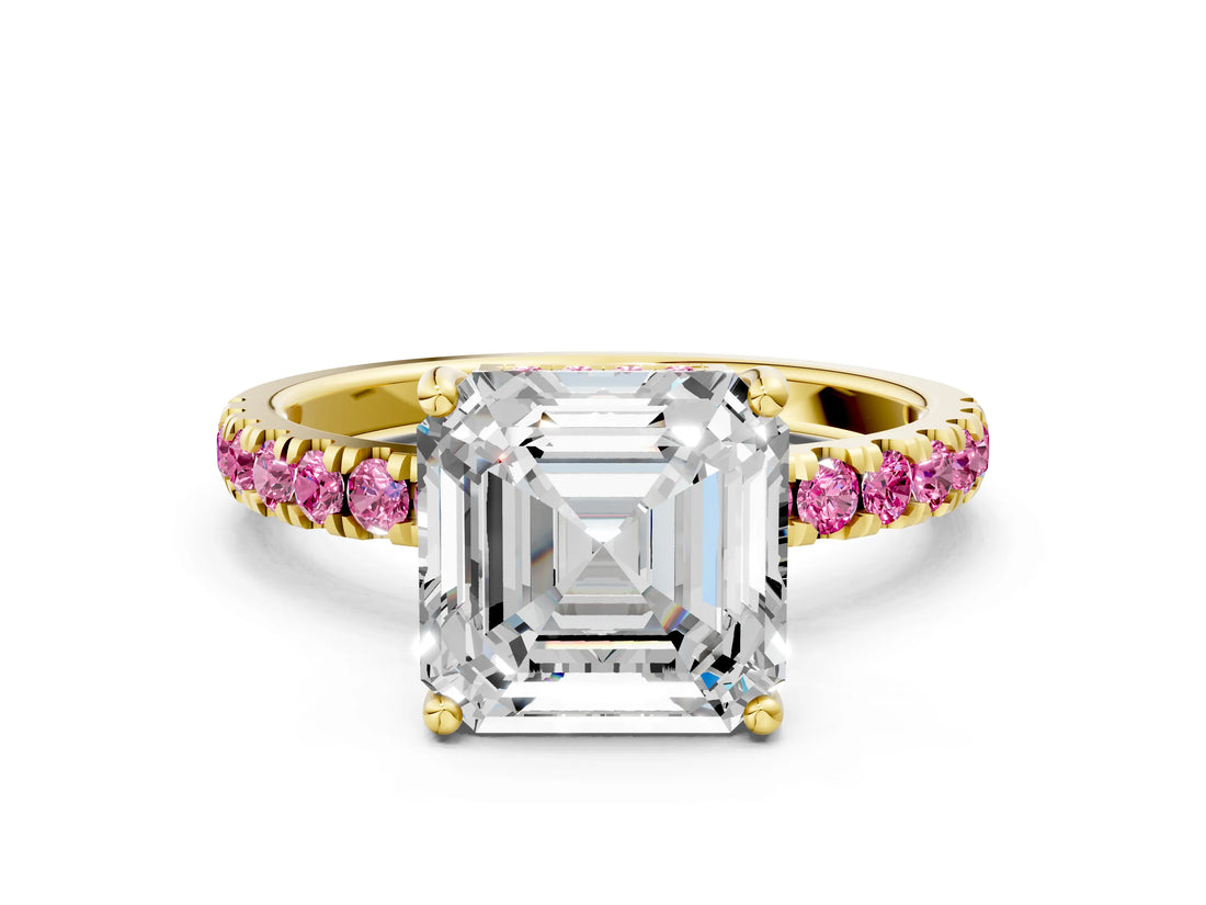 Yellow gold Asscher Cut Diamond Pave Band Solitaire Ring with Round with Pink Sapphire side stone and Prong Setting_12