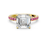 Yellow gold Asscher Cut Diamond Pave Band Solitaire Ring with Round with Pink Sapphire side stone and Prong Setting_12