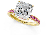Yellow gold Asscher Cut Diamond Pave Band Solitaire Ring with Round with Pink Sapphire side stone and Prong Setting_13