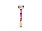 Yellow gold Asscher Cut Diamond Pave Band Solitaire Ring with Round with Pink Sapphire side stone and Prong Setting_14
