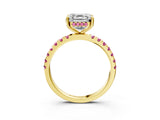 Yellow gold Asscher Cut Diamond Pave Band Solitaire Ring with Round with Pink Sapphire side stone and Prong Setting_15