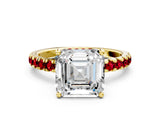 Yellow gold Asscher Cut Diamond Pave Band Solitaire Ring with Round with Ruby side stone and Prong Setting_12