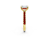 Yellow gold Asscher Cut Diamond Pave Band Solitaire Ring with Round with Ruby side stone and Prong Setting_14