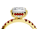 Yellow gold Asscher Cut Diamond Pave Band Solitaire Ring with Round with Ruby side stone and Prong Setting_16