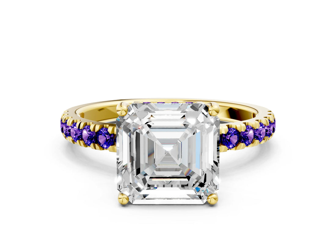 Yellow gold Asscher Cut Diamond Pave Band Solitaire Ring with Round with Tanzanite side stone and Prong Setting