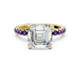 Yellow gold Asscher Cut Diamond Pave Band Solitaire Ring with Round with Tanzanite side stone and Prong Setting