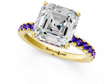 Yellow gold Asscher Cut Diamond Pave Band Solitaire Ring with Round with Tanzanite side stone and Prong Setting_1