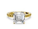 Yellow gold Asscher Cut Diamond Pave Band Solitaire Ring with Round with Yellow Sapphire side stone and Prong Setting_12