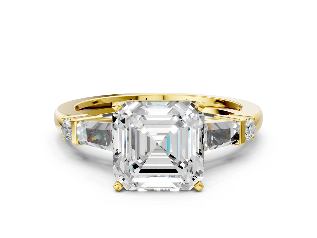 Yellow gold Asscher Cut Diamond Ring with Baguette Side Stones, Channel Set Band, and Four-Prong Setting_43