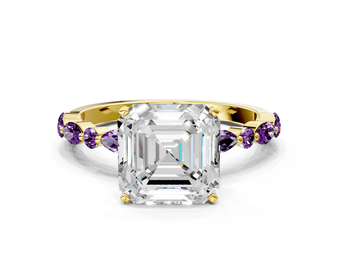 Yellow gold Asscher Cut Diamond Ring with Marquise and Round with Amethyst side stone Side Stones and Four-Prong Setting_24