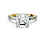 Yellow gold Asscher Cut Diamond Ring with Marquise and Round with Aquamarine side stone Side Stones and Four-Prong Setting_12