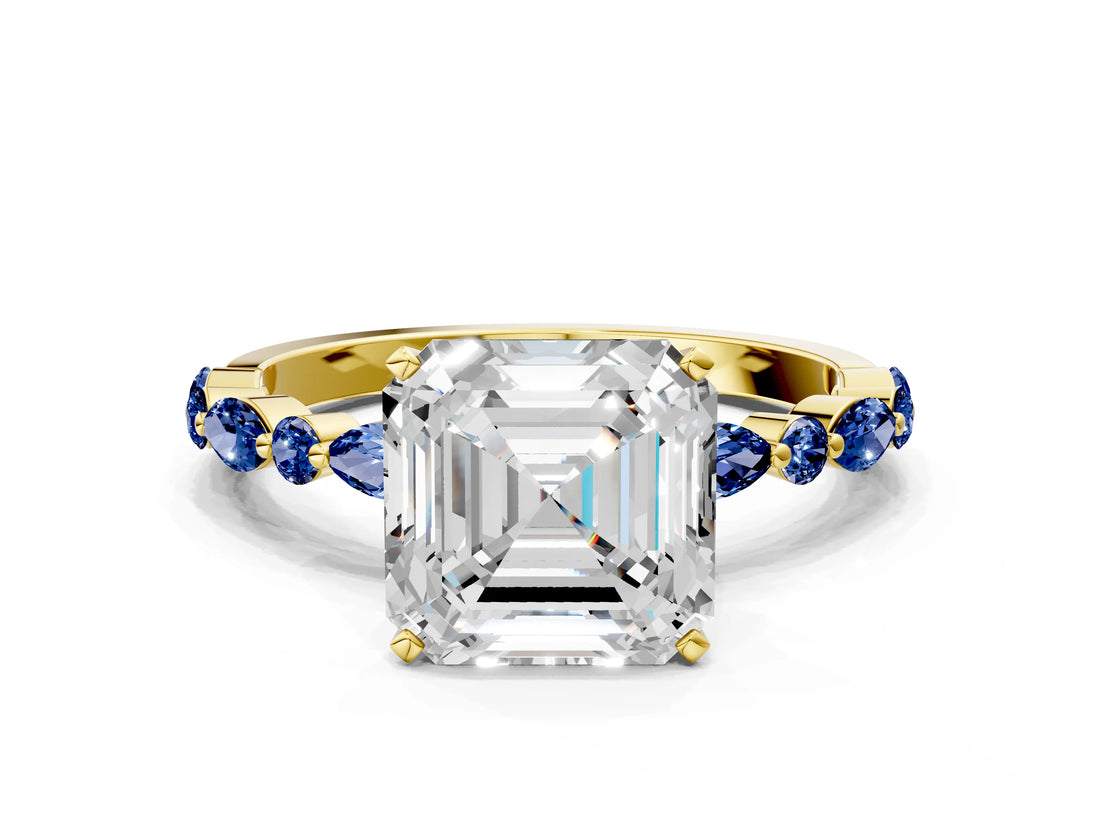 Yellow gold Asscher Cut Diamond Ring with Marquise and Round with Blue Sapphire side stone Side Stones and Four-Prong Setting_36