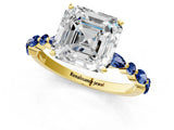 Yellow gold Asscher Cut Diamond Ring with Marquise and Round with Blue Sapphire side stone Side Stones and Four-Prong Setting_37