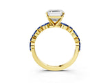 Yellow gold Asscher Cut Diamond Ring with Marquise and Round with Blue Sapphire side stone Side Stones and Four-Prong Setting_39