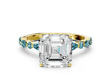 Yellow gold Asscher Cut Diamond Ring with Marquise and Round with Blue Topaz side stone Side Stones and Four-Prong Setting_24