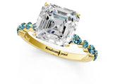 Yellow gold Asscher Cut Diamond Ring with Marquise and Round with Blue Topaz side stone Side Stones and Four-Prong Setting_25