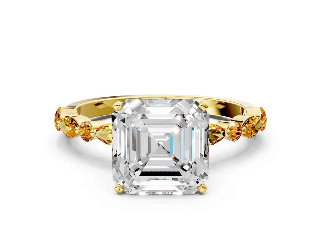 Yellow gold Asscher Cut Diamond Ring with Marquise and Round with Citrine side stone Side Stones and Four-Prong Setting_12